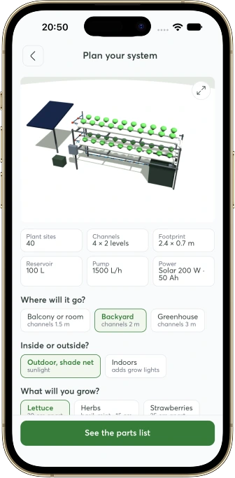 AgroPulse planner showing a 3D NFT rack: 40 plant sites, 4 by 2 channels, 2.4 by 0.7 metre footprint