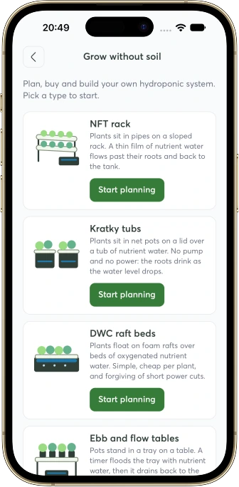 AgroPulse screen listing hydroponic system types: NFT rack, Kratky tubs, DWC raft beds, ebb and flow tables
