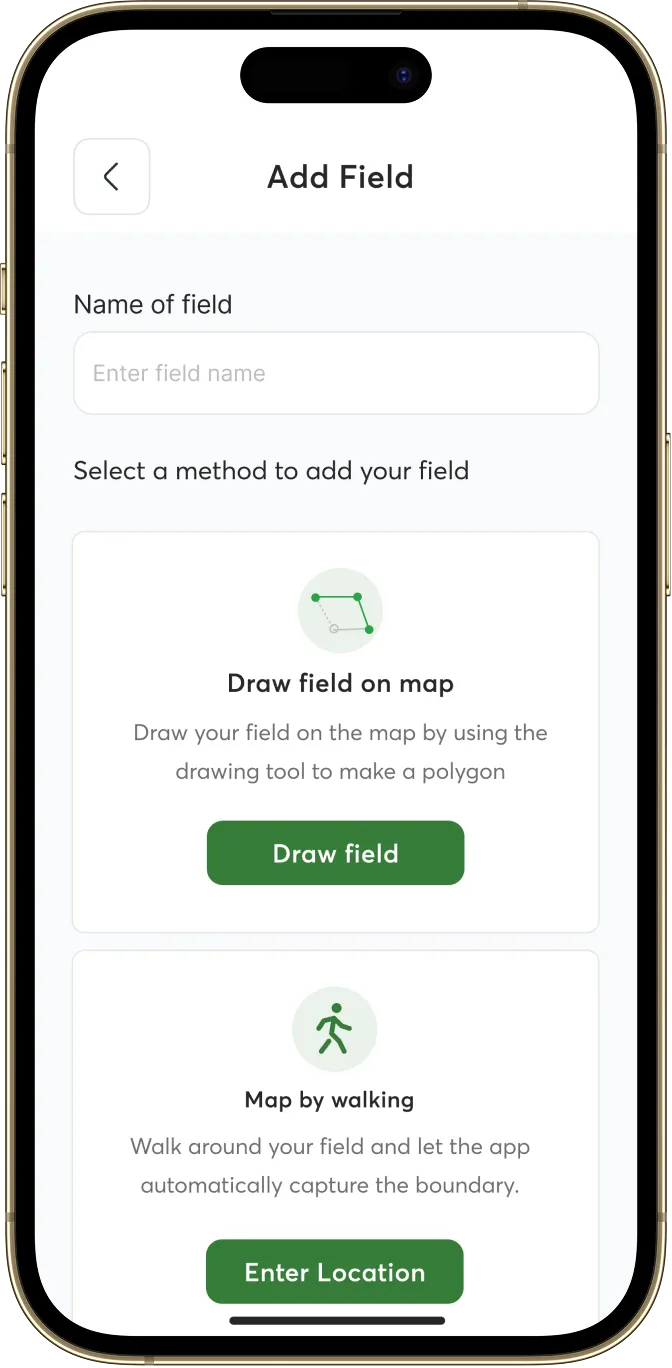 AgroPulse Add Field screen: draw the field on a map, or map it by walking