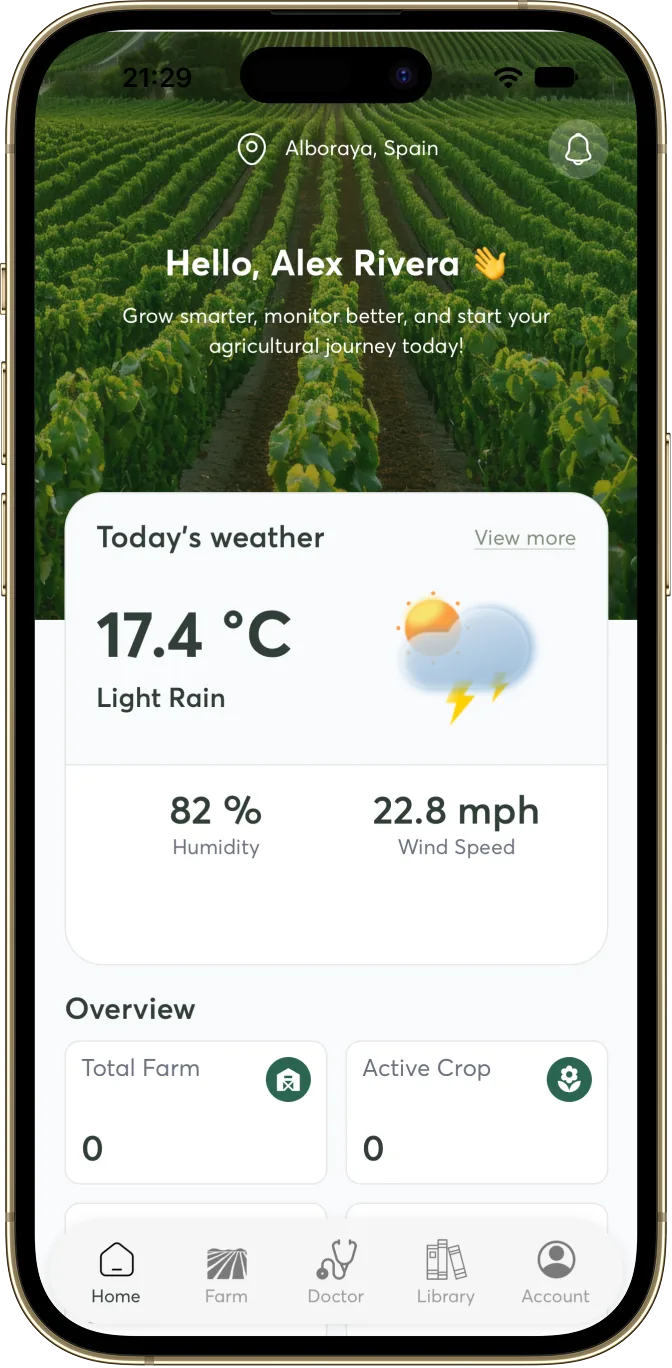 AgroPulse home screen with the local weather forecast and a farm overview